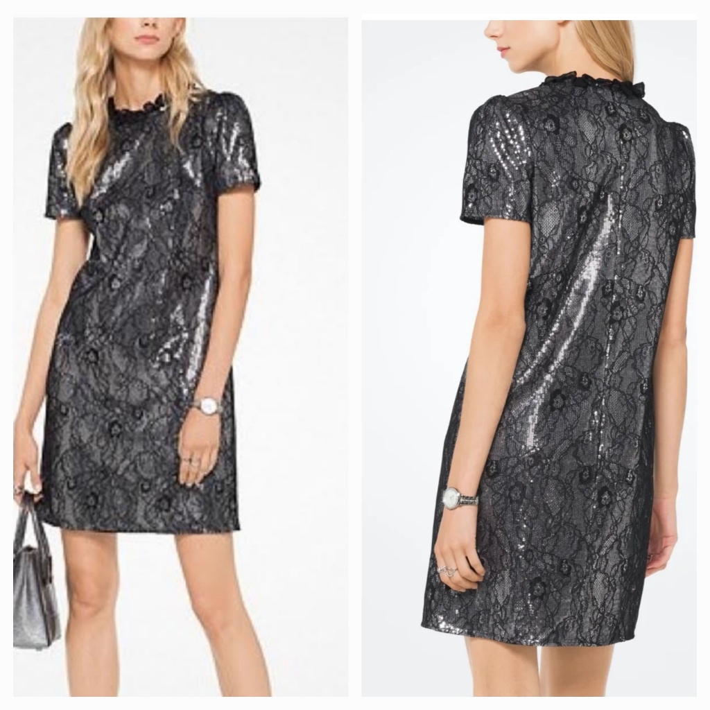 Michael Kors Ruffled Collar Shift Dress Lace With Sequin Embellishments Dress